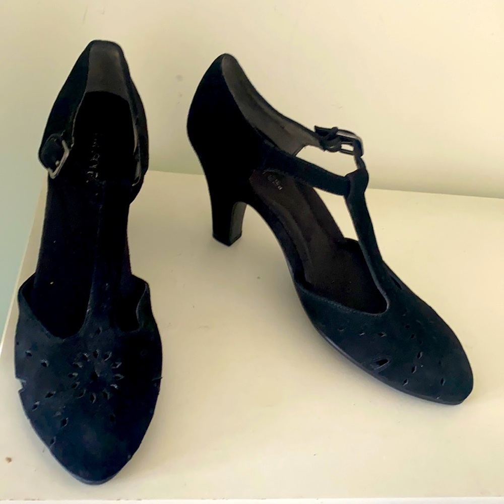 Dressy black suede t strap shoes